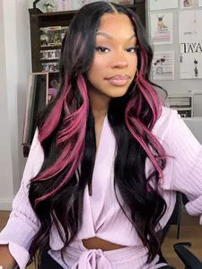 Black Pink Highlight Wavy Wig 13x4 Lace Front Wigs Body Wave Pre-Plucked Hairline Synthetic Wig Concert Look Free Part Wavy Wig Music Festival Look Lace Frontal Wigs for Women Daily Everyday Wear Party Dating 28 Inch