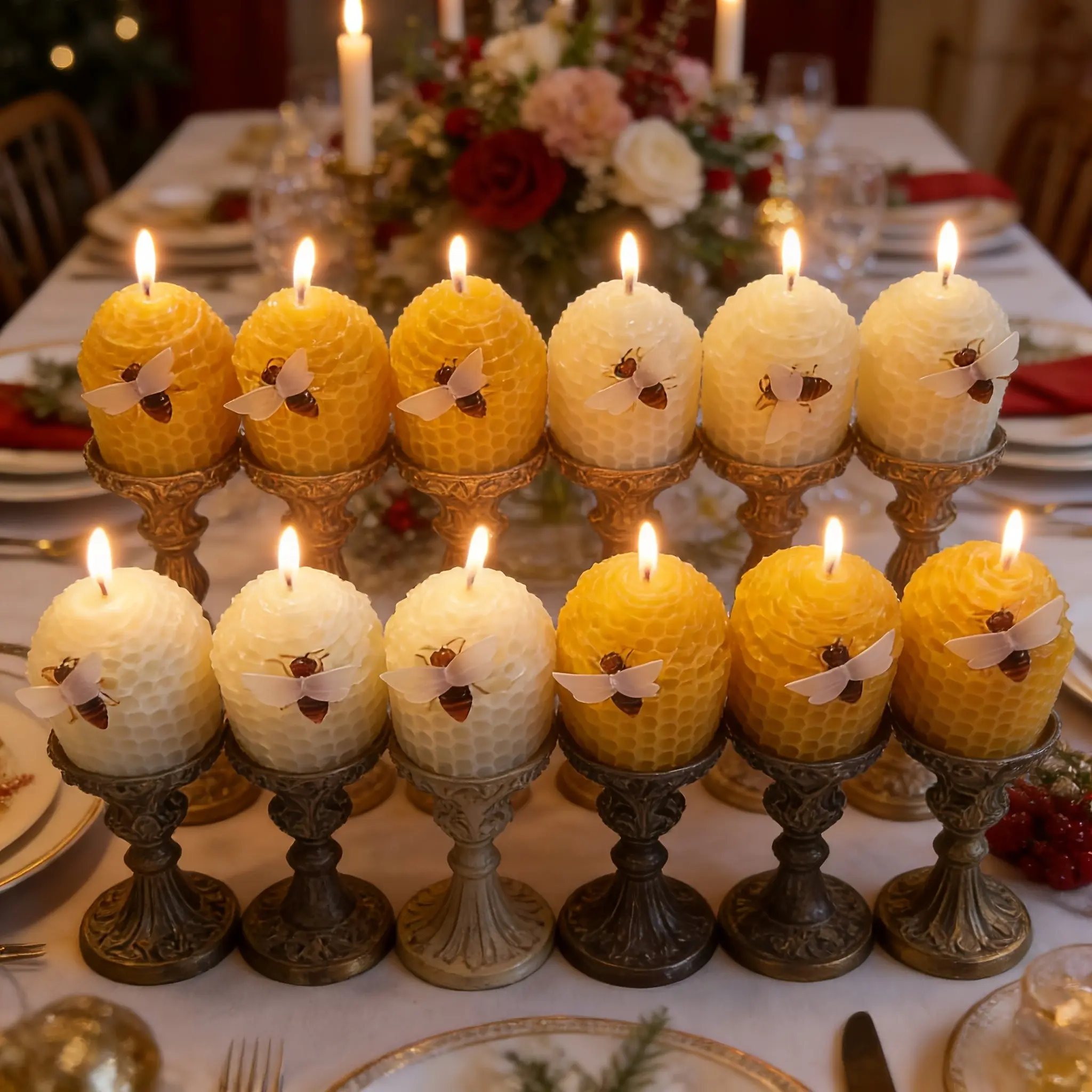 12 beeswax candles, Honeycomb, holiday candles, bee candles, spring candles, atmosphere decoration lighting candles, ornaments, suitable for home decoration, holiday gifts, party, ivory white and yellow (size: 4.5cm x 5cm)