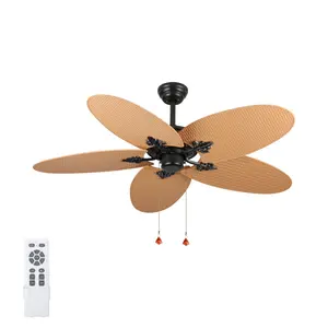 52 Inch Tropical Ceiling Fan, Acacia Wood Tone 5 Reversible Palm Leaf ABS Blades, No Light 3-Speed Quiet Fan with Pull Chain Control, Dual Mount Design, Indoor Covered Outdoor Ventilation Fixture for Patio Bedroom Living Space