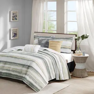 Madison Park MP13-7945 104 x 94 x 0.25 in. Marina Printed Quilt Set with Throw Pillows, Yellow - King & California King Size - 6 Piece, King Size Bed, Beach Theme