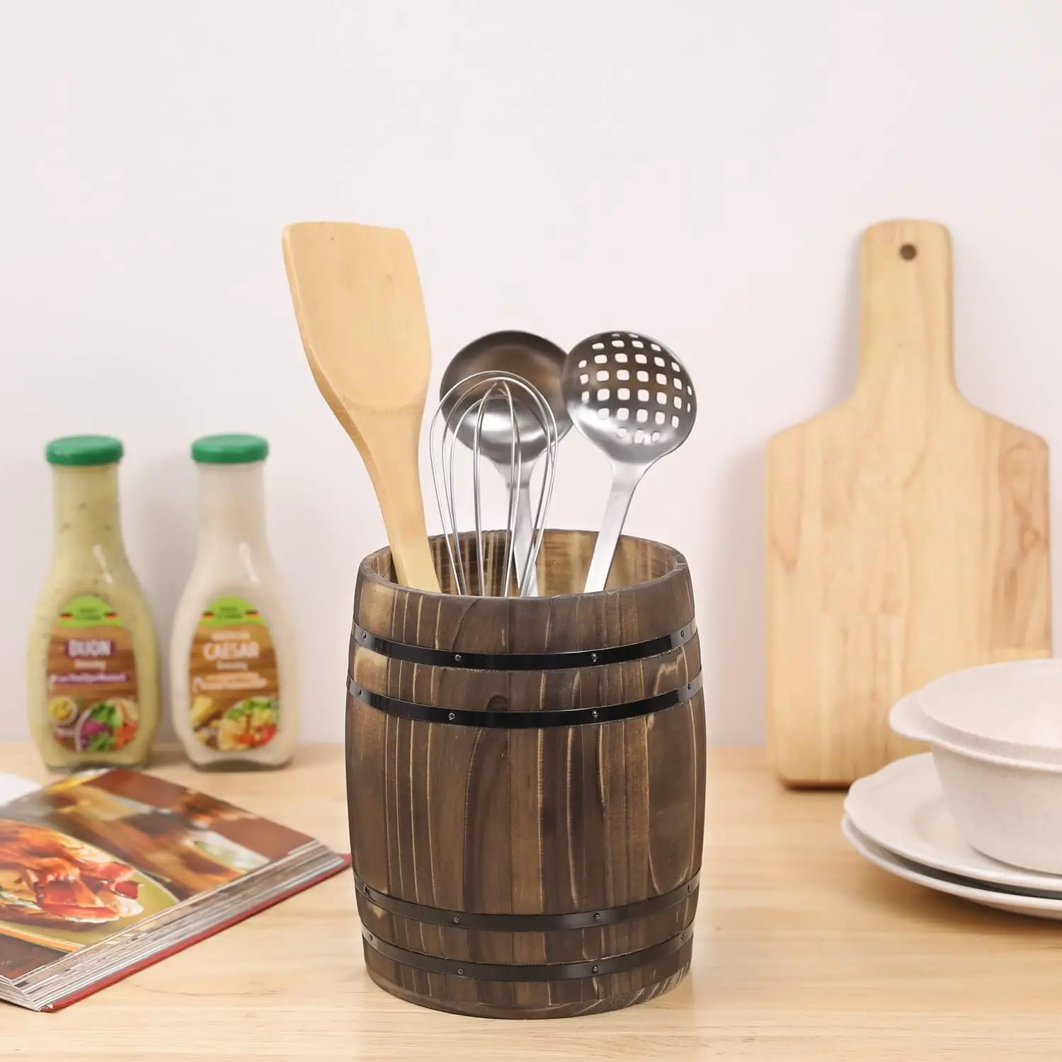 Vintage Rustic Burnt Wood Wine Barrel Design Kitchen Utensil Holder - Single Unit Storage Organizer for Cooking Tools (Home Supplies)