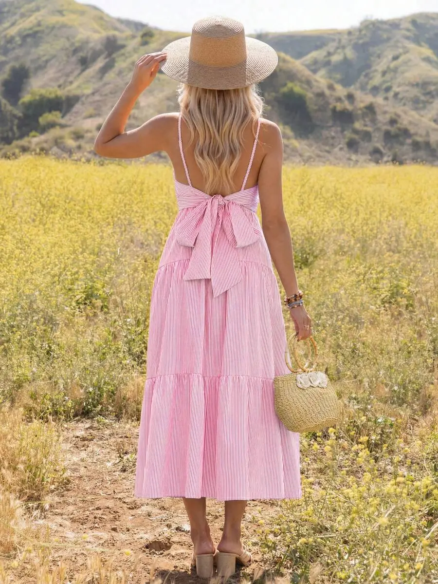 LAFERLIN Maternity Vacation Pink Backless Tie Strap Dress, Women Summer Boho Casual Picnic Holiday Resort Wear Cute Spring Outfit Elegant Travel Wedding Guest