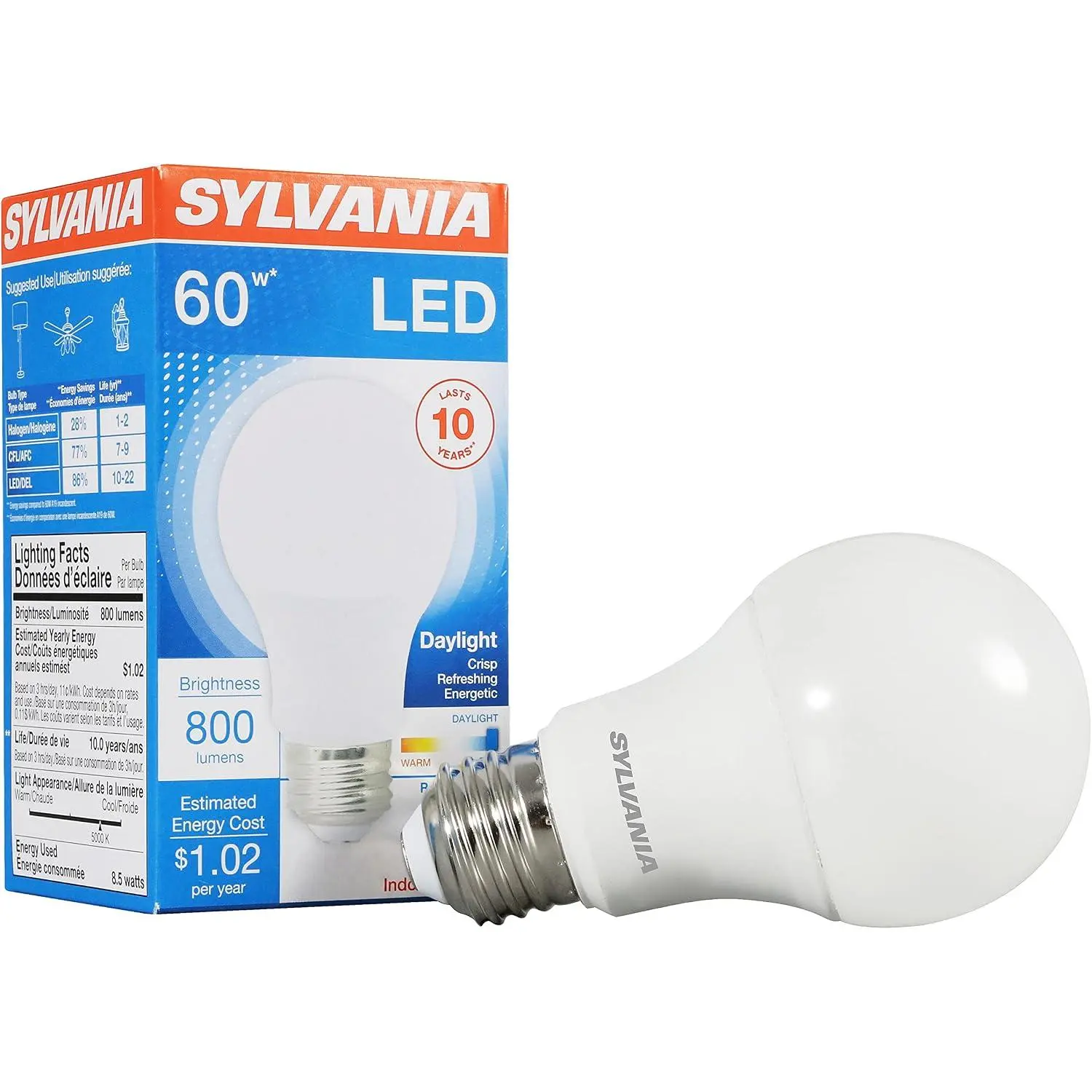 Sylvania LED Light Bulb, 60W Equivalent A19, Efficient 8.5W, Medium Base, Frosted Finish, 800 Lumens, Daylight (79281) (Pack of 1)
