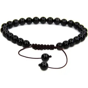 Natural A Grade Black Tourmaline Gemstone 6mm Round Beads Adjustable Bracelet 7" Unisex