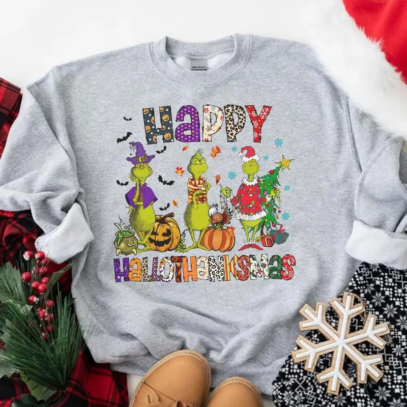 Happy Hallothanksmas Grinchh sweatshirt,Thanksgiving Christmas Trendy sweatshirt
