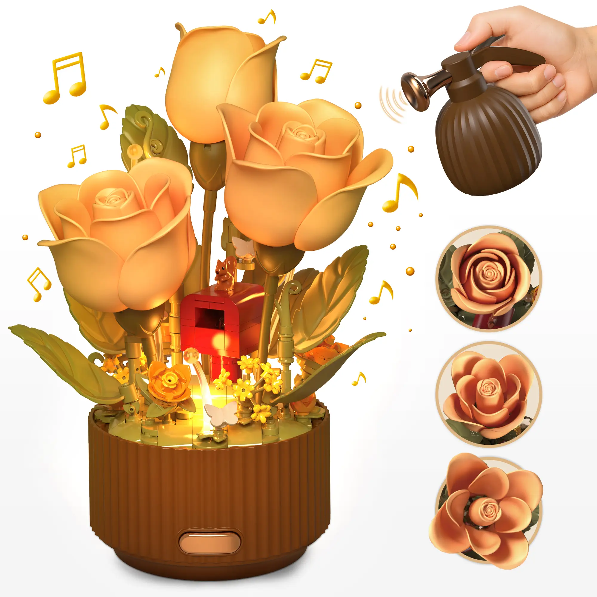 Flower Building Kit TOKMOC Blooming Rose Set with Light & Motion Remote Watering Can for Creative Home Decoration 255 PCS Perfect Romantic Gift for Ages 12+
