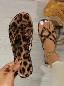 Women's Leopard Print Sandals, Summer Fashion Criss Cross Design, Comfortable PU Leather, Medium Width, All Seasons, Flat Sandal Shoes