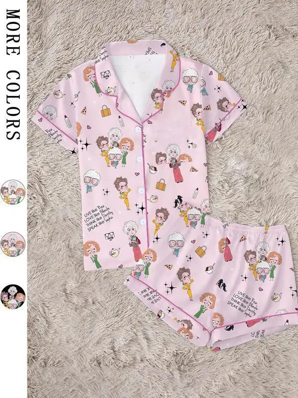 Classic Golden Girls Theme Print Lapel Short Sleeve Shirt & Shorts Fitted Collared Pajama Set, Polyester Loungewear Set, Casual Chic Style Comfortable Lightweight Loungewear Nightwear for All Seasons, Ideal Party Gift Pjs