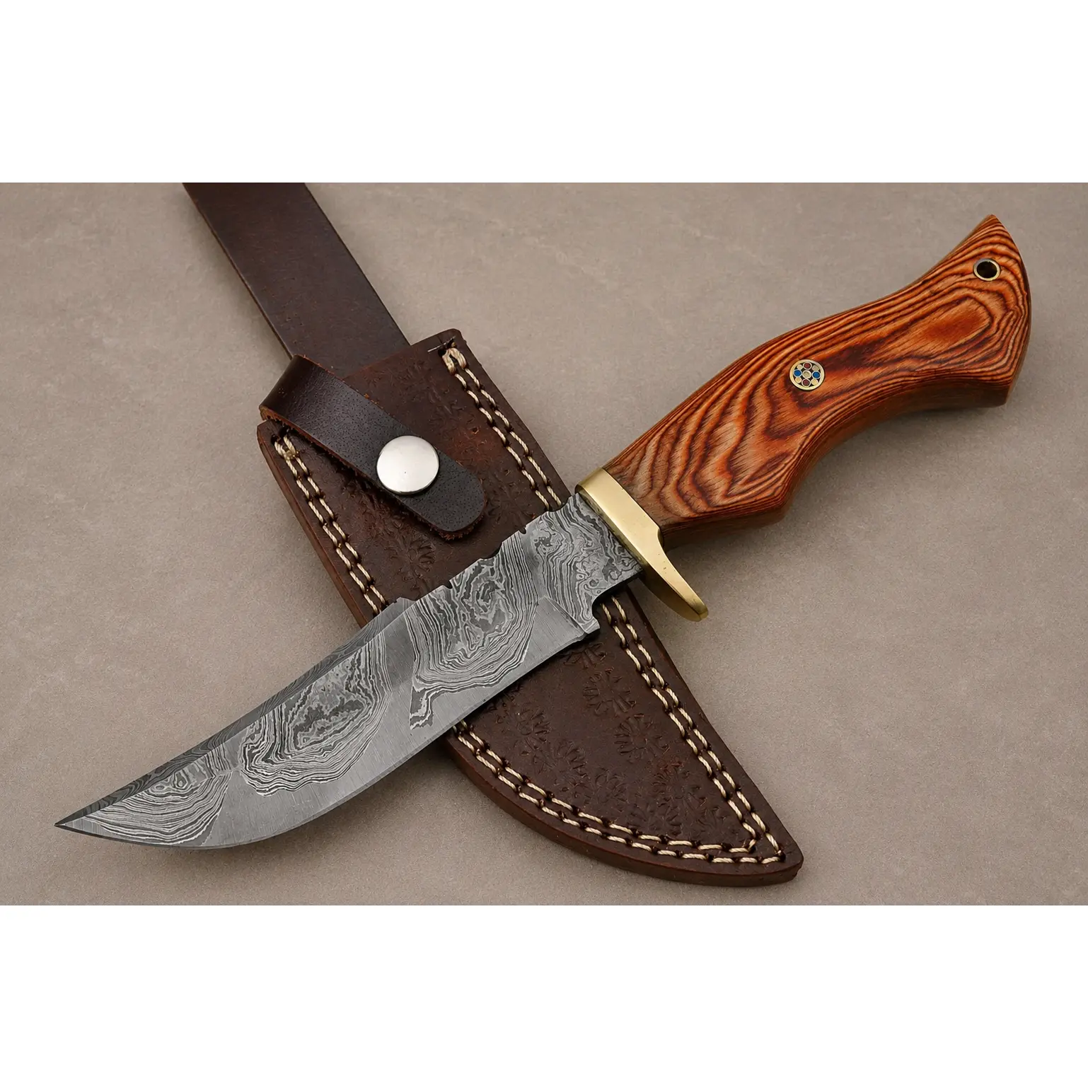 Frontier Forge Damascus Steel Knife – 512 Layer Hand Forged Blade with Stained Wood Handle, Brass Guard & Leather Sheath
