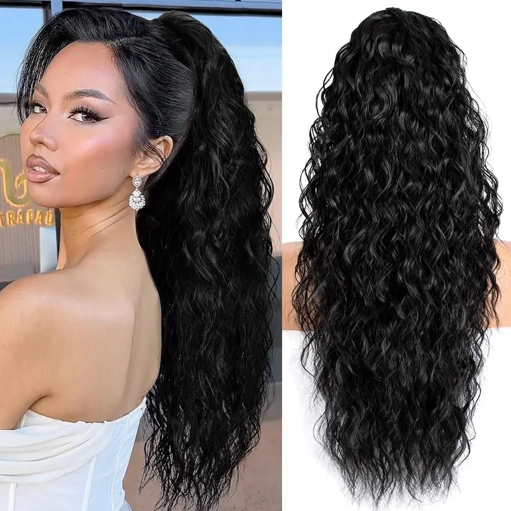 Claw Clip Ponytail Extension for women - 26" Long Curly Black Drawstring Ponytail Hair Extensions for Women, Strong Hold Fluffy Natural Looking Synthetic Hair Pieces for Women Daily Use hair extension synthetic  Colorful Heat-Resistant Tinsel Kit