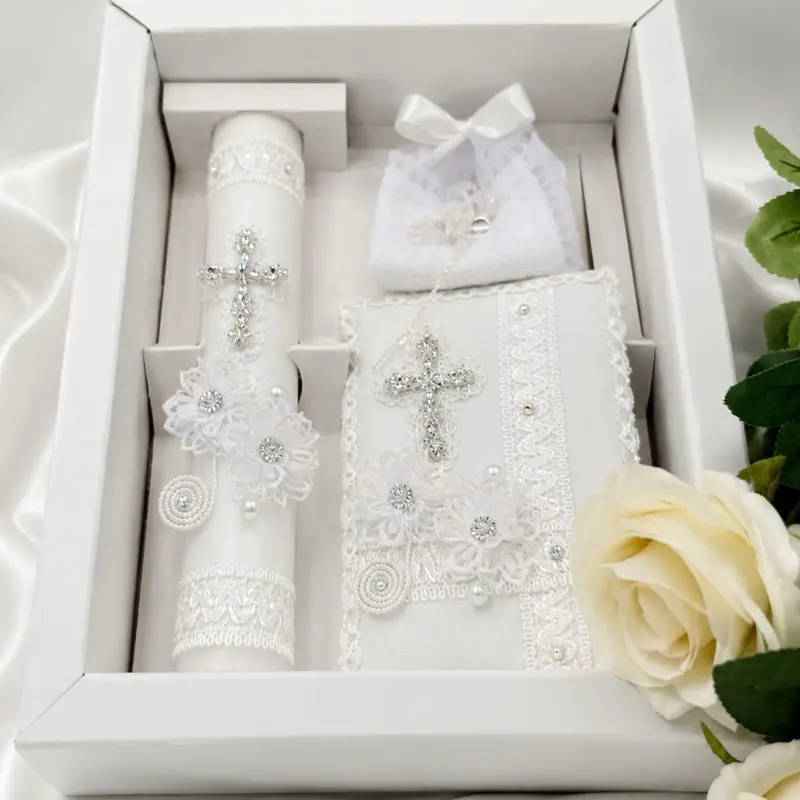 5pcs Traditional Elegant Baby Baptism Candle Set - 8 in Candle, Rosary, New Testament, Decorative Pieces in Box, English & Spanish White (Baptism Celebration Decoration, Celebration Gift), Ceremony