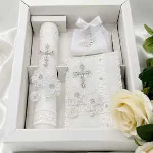 5pcs Baptism Candle Set with 8”Candle, Rosary, New Testament & Decorative Elements in Box for Boys and Girls English & Spanish white