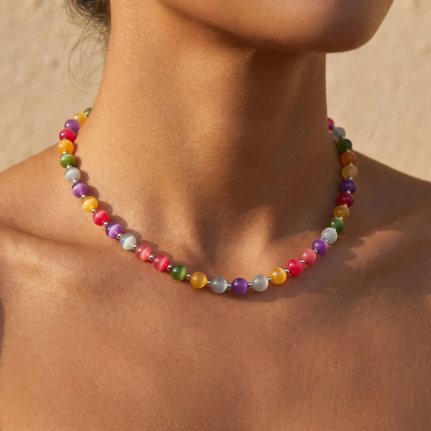 UV Reactive Dopamine Necklace for Women, Adjustable Color Changing Rainbow Beaded Choker, Waterproof Summer Beach Vacation Jewelry Gift