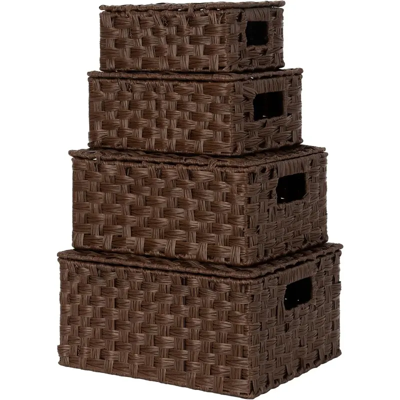 Wicker Baskets with Lids Set of 4 Brown Basket Decorative Storage Boxes Woven Basket for Organizing Storage and Organizer Baskets