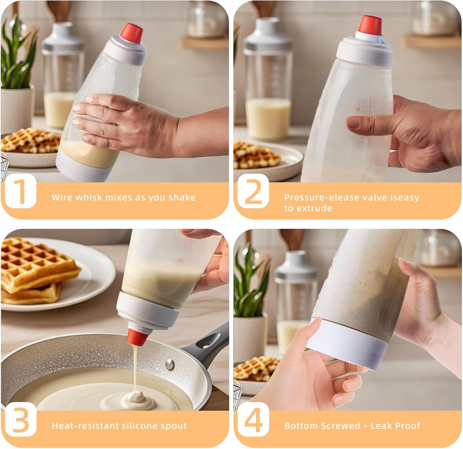 Pancake Batter Dispenser, Pancake Batter Mixer with Blender Ball, Suitable for Baking Utensils such as Pancakes, Pancakes, Waffles, Muffins, Cupcakes, etc. Simple, Large Capacity, Easy to Clean Kitchen Batter Batter Squeezing Bottle