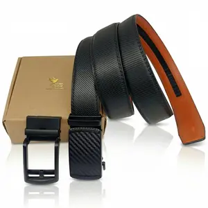 Mens Ratchet Belt Gift Set - Black Twill Carbon Fiber Texture Genuine Leather - 2 Interchangeable Buckles (Modern Plate & Classic Frame) - Adjustable Trim to Fit 26-48" Waist - Modern Business Casual Style Mix-and-Match Pearl Brooch