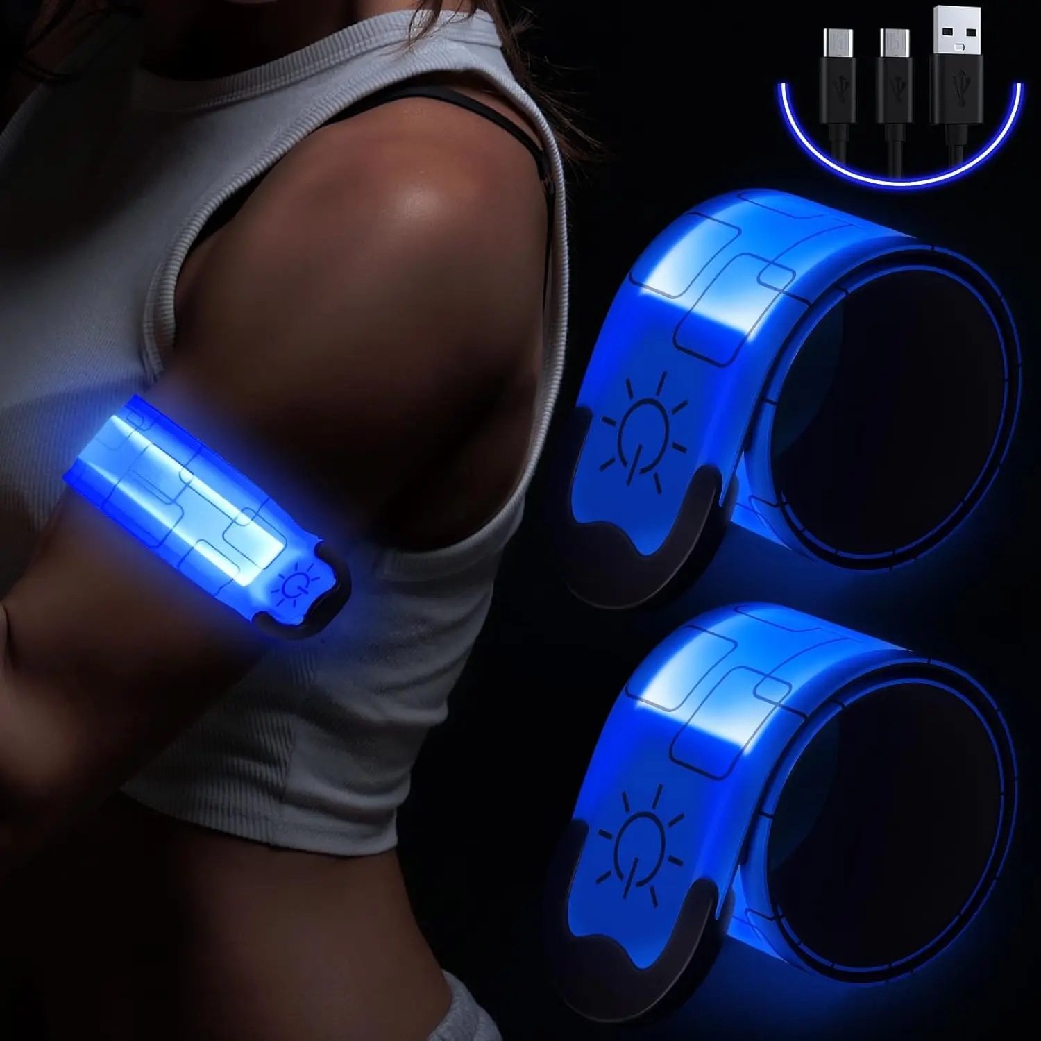 Rechargeable LED Armbands 2-Pack, Light Up Slap Bracelets with 5-Color RGB Lights, High Visibility Unisex Gear for Night Running & Cycling