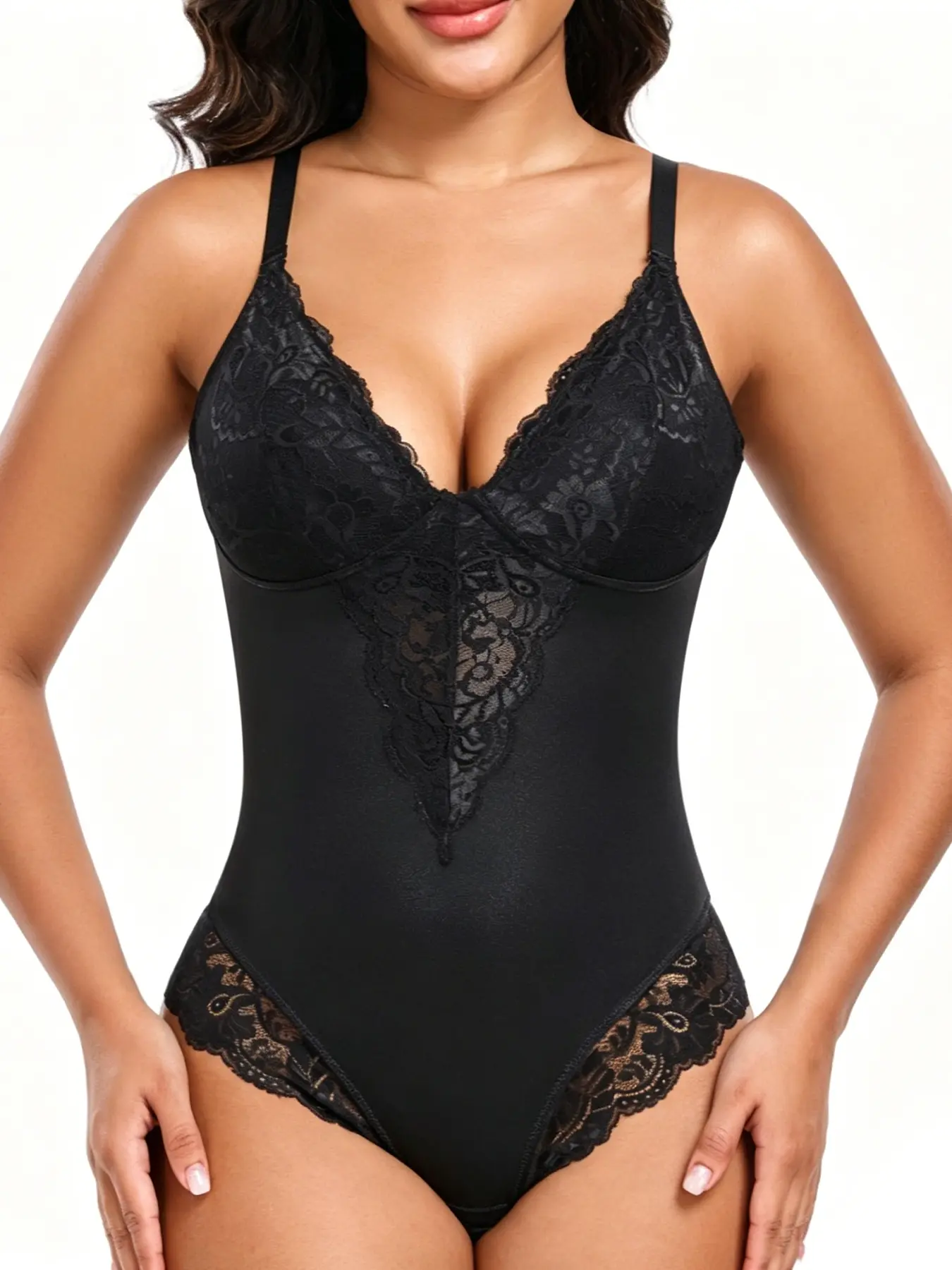 Women's Glitter Lace Shapewear Bodysuit with Tummy Control Compression, Feminine Stretch Fabric that Fits Invisibly for Formal Wear, Everyday, Sexy, Soft, Elegant, Lady, Lacy, Dates, Parties