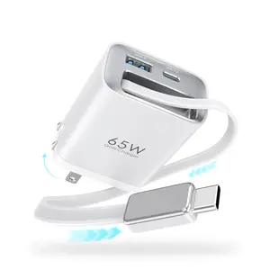 TOPADRE 65W USB C Fast Charger with Retractable Cable, 3-in-1 GaN Portable Chargers, Power Adapter for MacBook Air, iPhone 17, 16, 15 Pro Max, iPad, Samsung Galaxy S25, S24 Ultra, Pixel Series, etc.