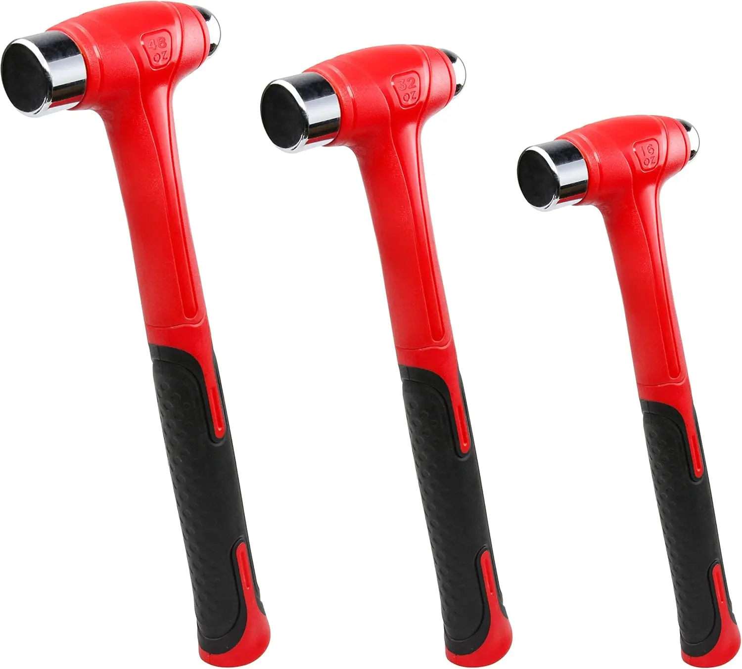 3 count Ball Peen Hammer, 16oz 32oz 48oz, Fiberglass Handle hammer for Ball Peen, Blow Striking Ball Pein Hammer Handle Tool with Forged Steel Construction & Shock Reduction Grip for Metal Working