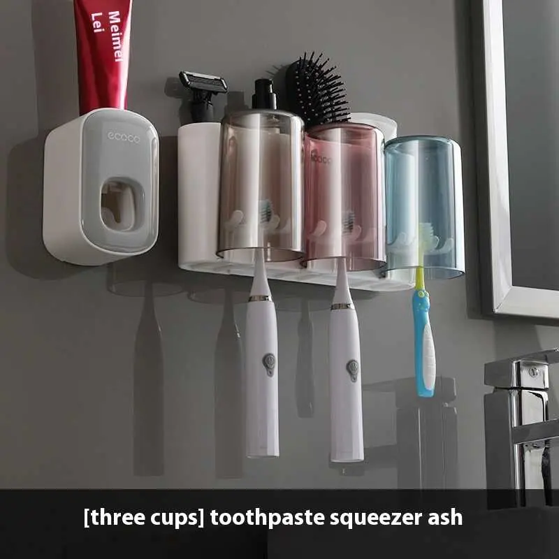 Three cup toothbrush holder gray white toothpaste