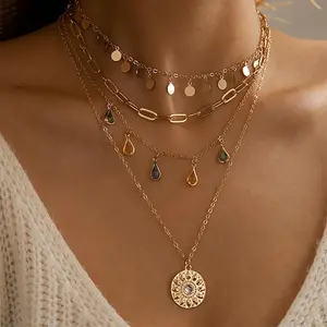 Dazzle Boho Necklaces for Women Trendy Gold 4 Layer Necklaces Stack Bohemian Turquoise Beaded Choker Necklaces Set