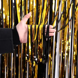 Black and Gold Foil Fringe Curtain,Tinsel Metallic Curtains Photo Backdrop Banners Streamer Curtain for New Year Birthday Christmas Decoration Festive Themes Graduation Retirement Party Supplies Celebration Party Decorations