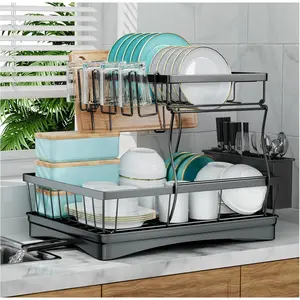 7 code Large Dish Drying Rack for Kitchen Counter, Detachable Large Capacity Dish Drainer Organizer, 2-Tier Dish Racks with Utensil Holder, Black