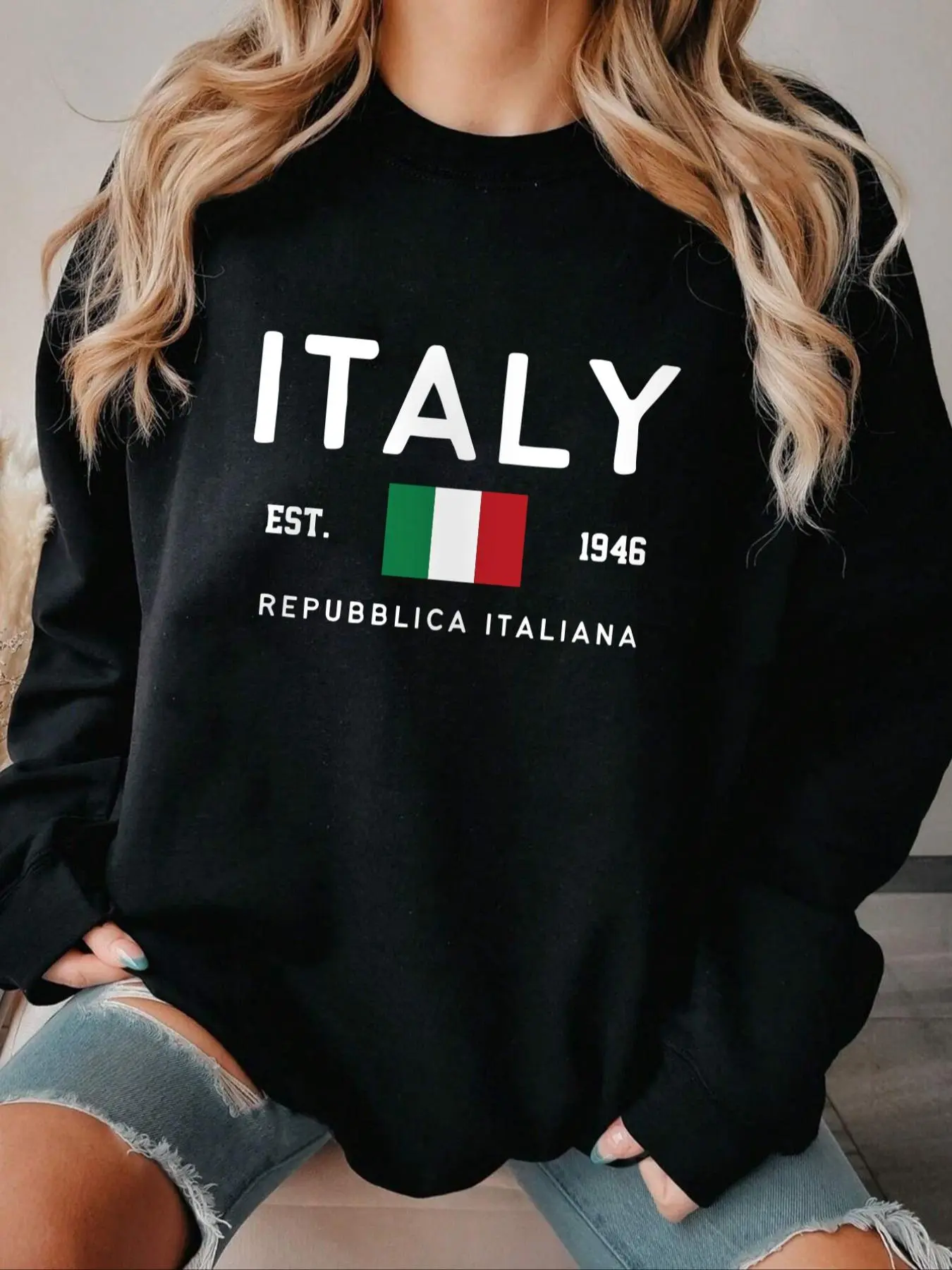 Women's Italy Flag & Letter Print Drop Shoulder Sweatshirt, Casual Long Sleeve Round Neck Pullover for Fall & Winter, Ladies Clothes for Daily Wear, Tops