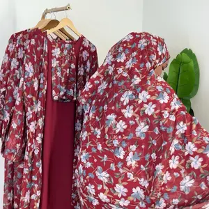 3pcs Abaya Set Red Floral Print Kimono & Solid Red Dress for Women Elegant Fashion Set