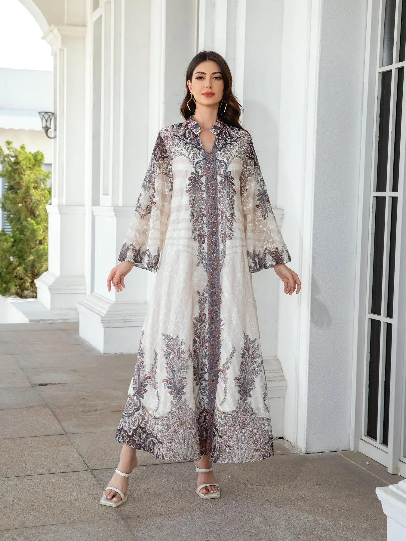 Women's Plants Print Long Sleeve Dress, Elegant Arabic Dress, Muslim Clothing for Women, Arab Wedding Attire, Wedding Outfit