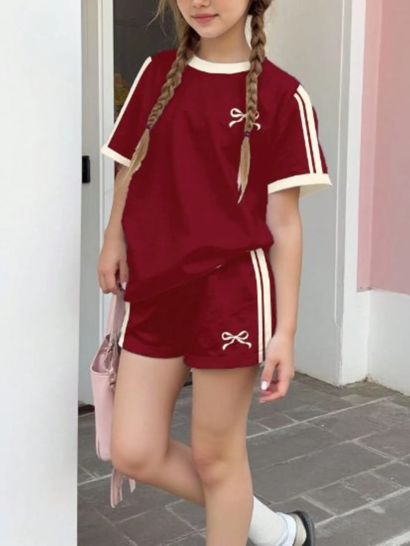 Women's Bowknot Decorated Print Casual Round Neck Short Sleeve Top & Shorts Set, Matching Spring Summer Daily Wear, Loose Fit Street Style, Outfit Clothes, Womenswear, Shortie Set