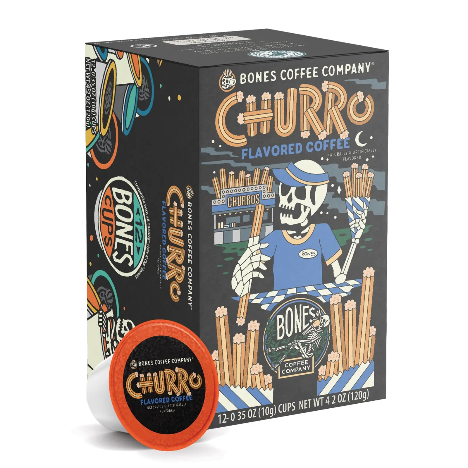 Bones Coffee Company | Churro Cinnamon Sugar Flavored Coffee Pods 12 Count Medium Roast Keurig Compatible
