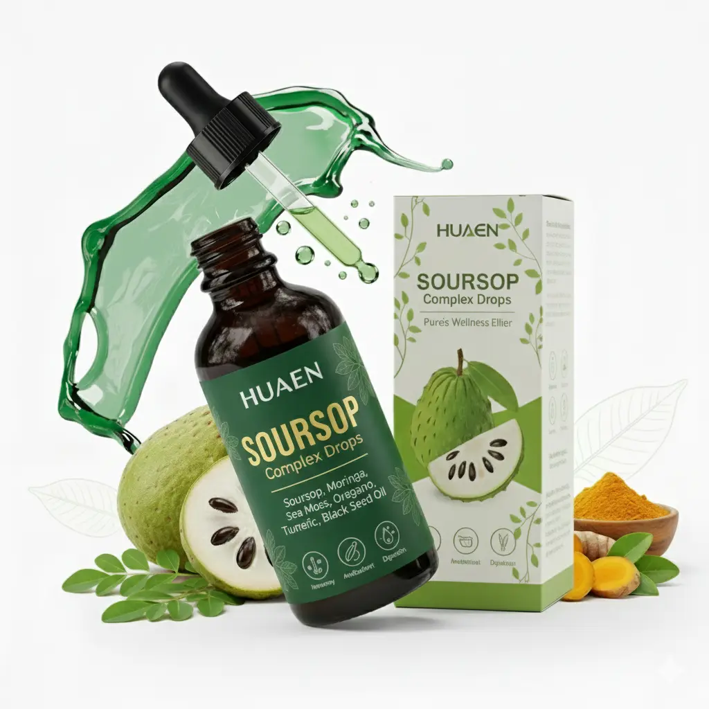 HUAEN Pure Soursop 10-in-1 Natural Dietary Supplement Liquid Drops Extract - Seamoss, Moringa, Black Seed Oil, Turmeric, Oregano, No Artificial Colors, Supplement Stack with Minerals for Gut Support, Body Health & Energy Management