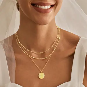 VENOCO Gold Necklaces for Women Dainty 14K Gold Plated Choker Layered Necklace Dainty Pearl Disc Cross Circle Heart Pendant Chain Stackable Necklaces Multilayer Jewelry Set Christmas Gifts for Women