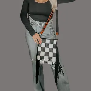 Countryside Co. Stockyards Checkered Cowhide Purse with Tooled Leather Strap - Women's Bag, Crossbody Design, Checked Pattern, Ideal Gift for Women