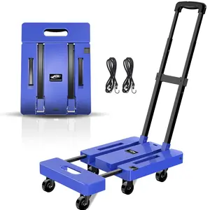 Folding Hand Truck, 500 LB Capacity Luggage Cart, Portable Folding Dolly with 6 Wheels and 2 Elastic Ropes for Luggage, Personal, Travel, Auto, Moving and Office Use, Blue
