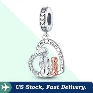 925 Sterling Silver Mother Daughter Heart Pendant Charm For Bracelet DIY