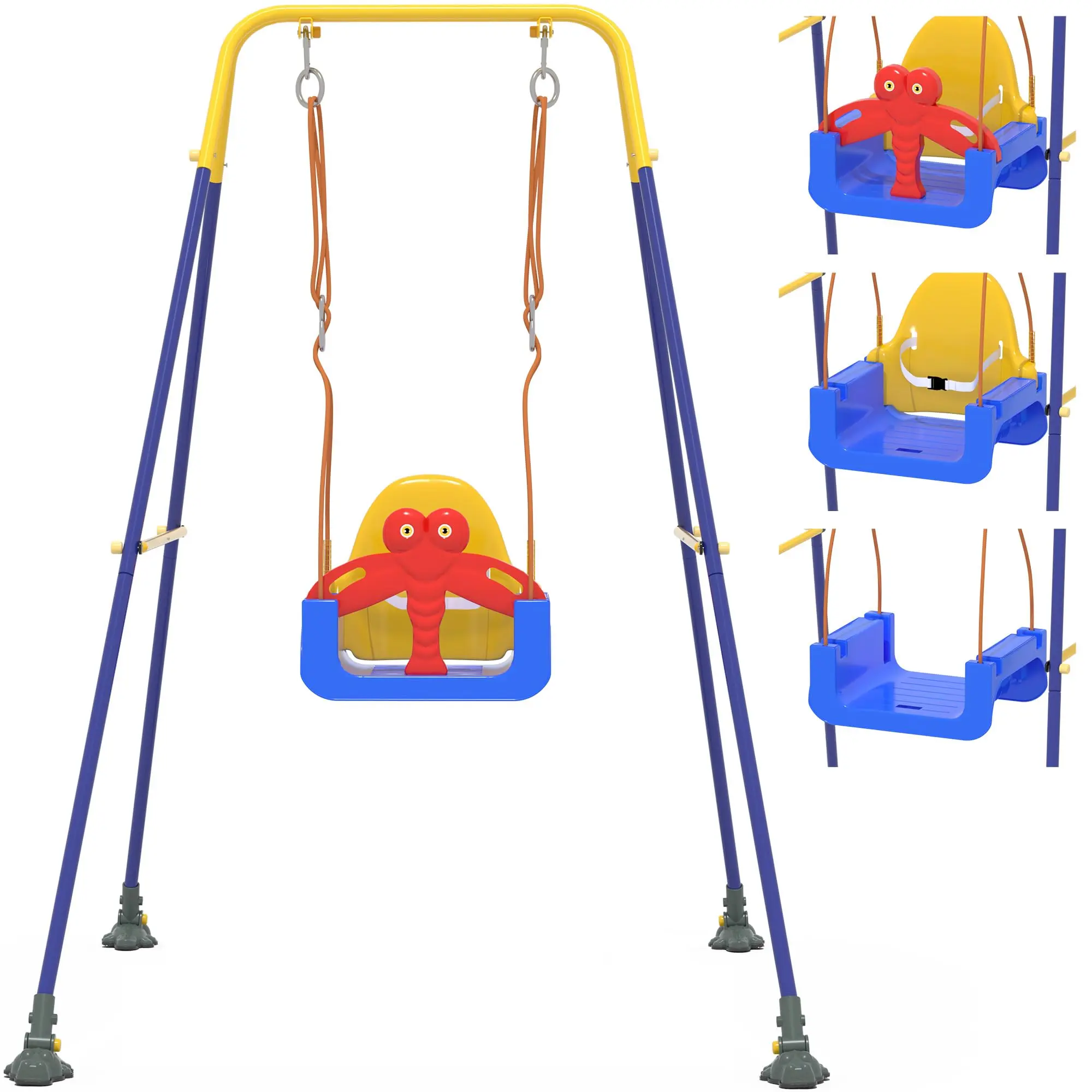 3-in-1 Toddler Swing Set, Baby Swing with Safety Belt, Upgraded Cartoon Anti-Slip Feet, Indoor/Outdoor, Easy to Assemble Kids Swing Seat with Sturdy Metal Stand for Playground, Backyard and Nursery, Blue Yellow