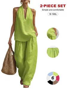 Y2K Vacation 2-Piece, Sexy Halter Backless Top, Loose Pocket Pants Set, Trendy Summer Fashion, Comfortable and Stylish