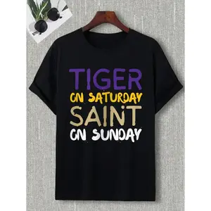 Tiger on Saturday Saint on Sunday Graphic Black T-Shirt, 100% Cotton, LSU Colors Football Faith Unisex Tee For Casual Wear Weekend Outfits Party, Machine Washable All-seasons Comfort Fit