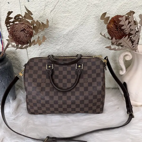 Pre-owned Louis Vuitton LV Speedy 25 Crossbody Bag Brown Checkered Design with Gold Hardware and Adjustable Strap for Everyday Use