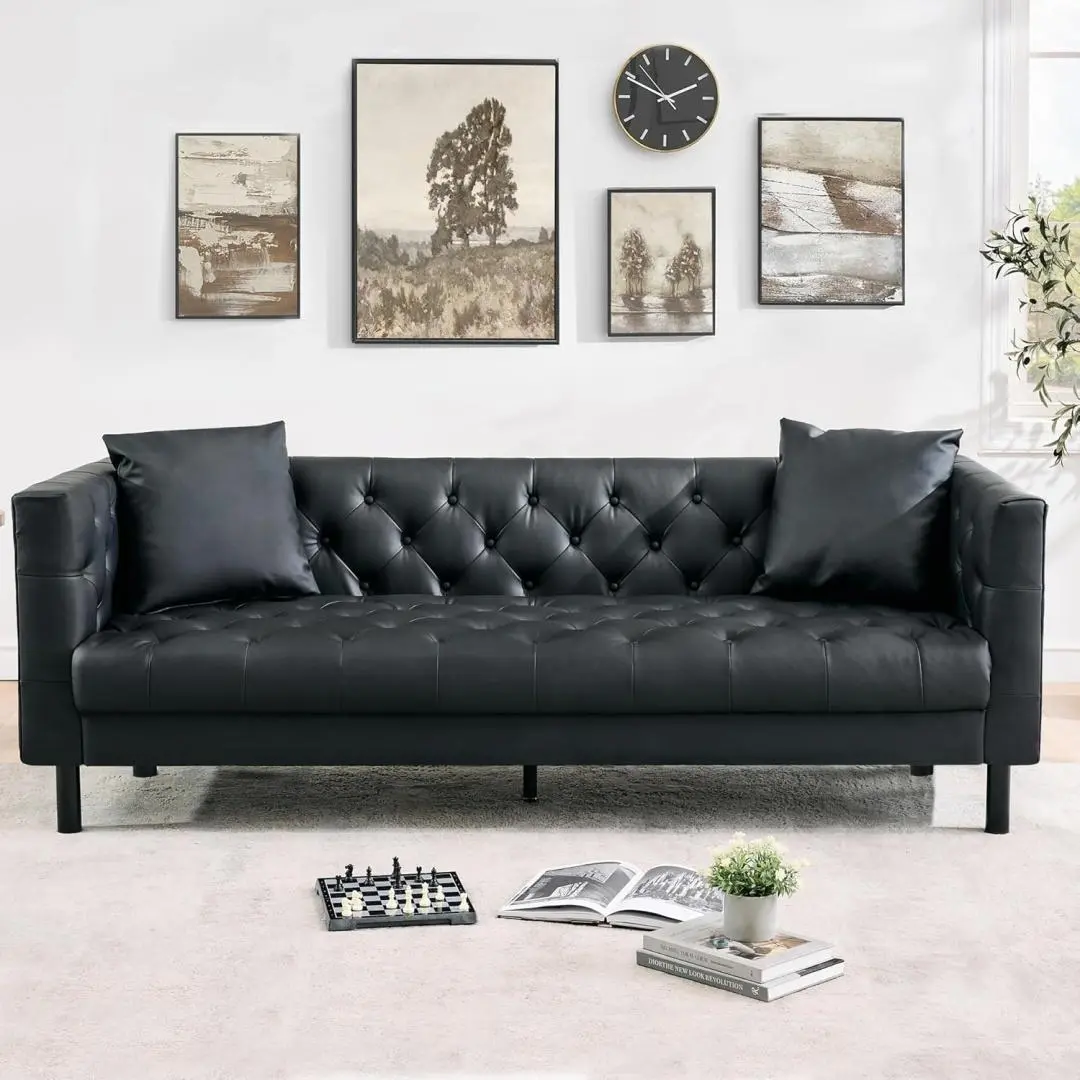 Black Mid Century Modern Leather Sofa Chesterfield Style Deep Seats Includes 2 Pillows 3 Seater Button Tufted for Living Room Apartment Office