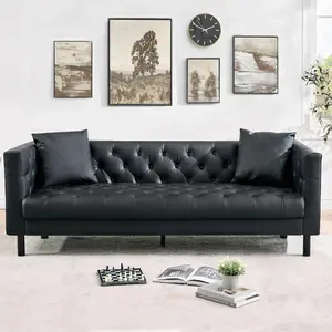 Black Mid Century Modern Leather Sofa Chesterfield Style Deep Seats Includes 2 Pillows 3 Seater Button Tufted for Living Room Apartment Office