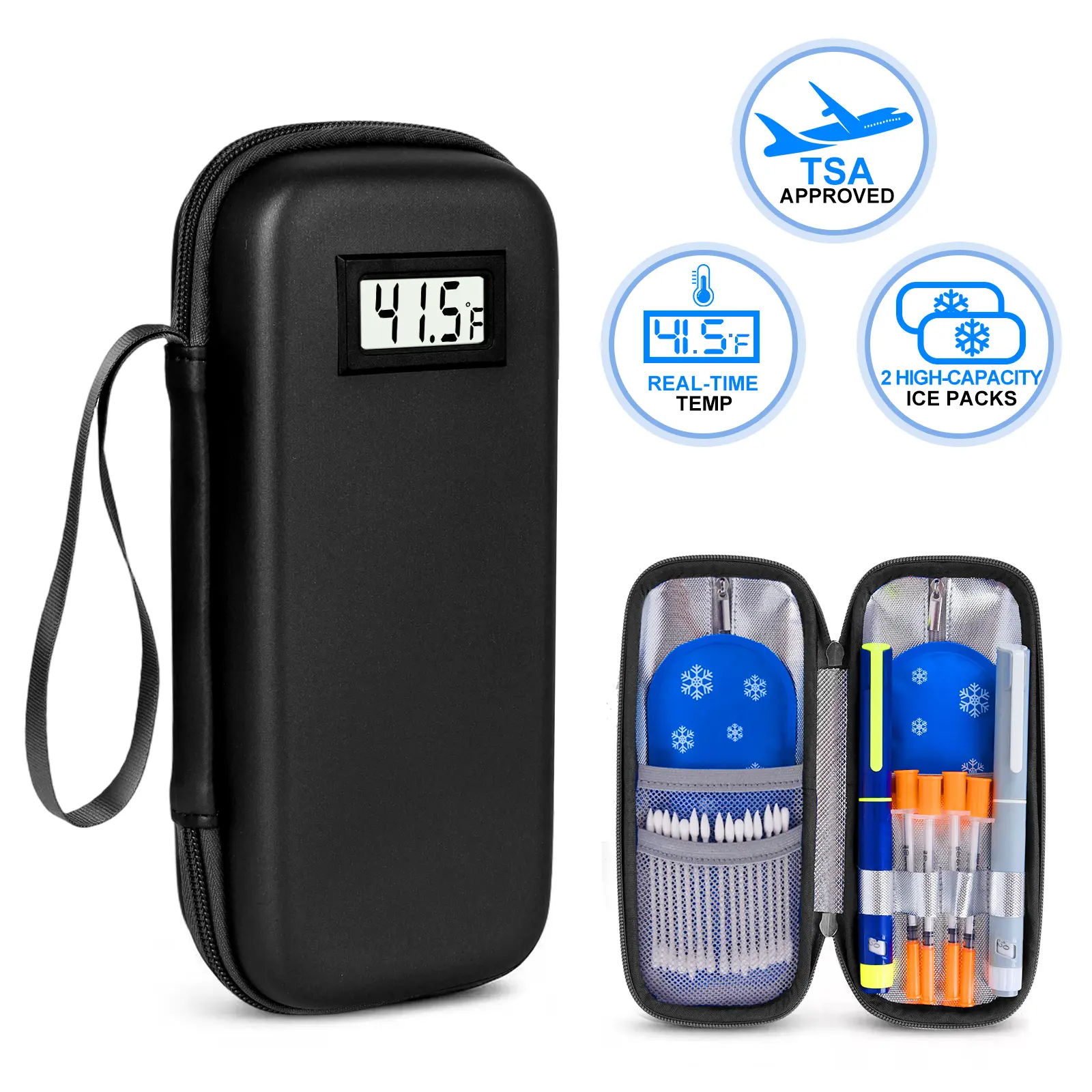Insulin Cooler Travel Case with Temperature Display - Refrigerated Travel Case Diabetic Travel Case with 2 TSA Approved Ice Pack for Trip and Daily