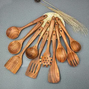 10-Piece Teak Cooking Set, Non-Stick Friendly, Heat Resistant, Ergonomic Handles, Ideal for Stirring, Baking, Serving, Outdoor Camping Gear, Perfect Gift