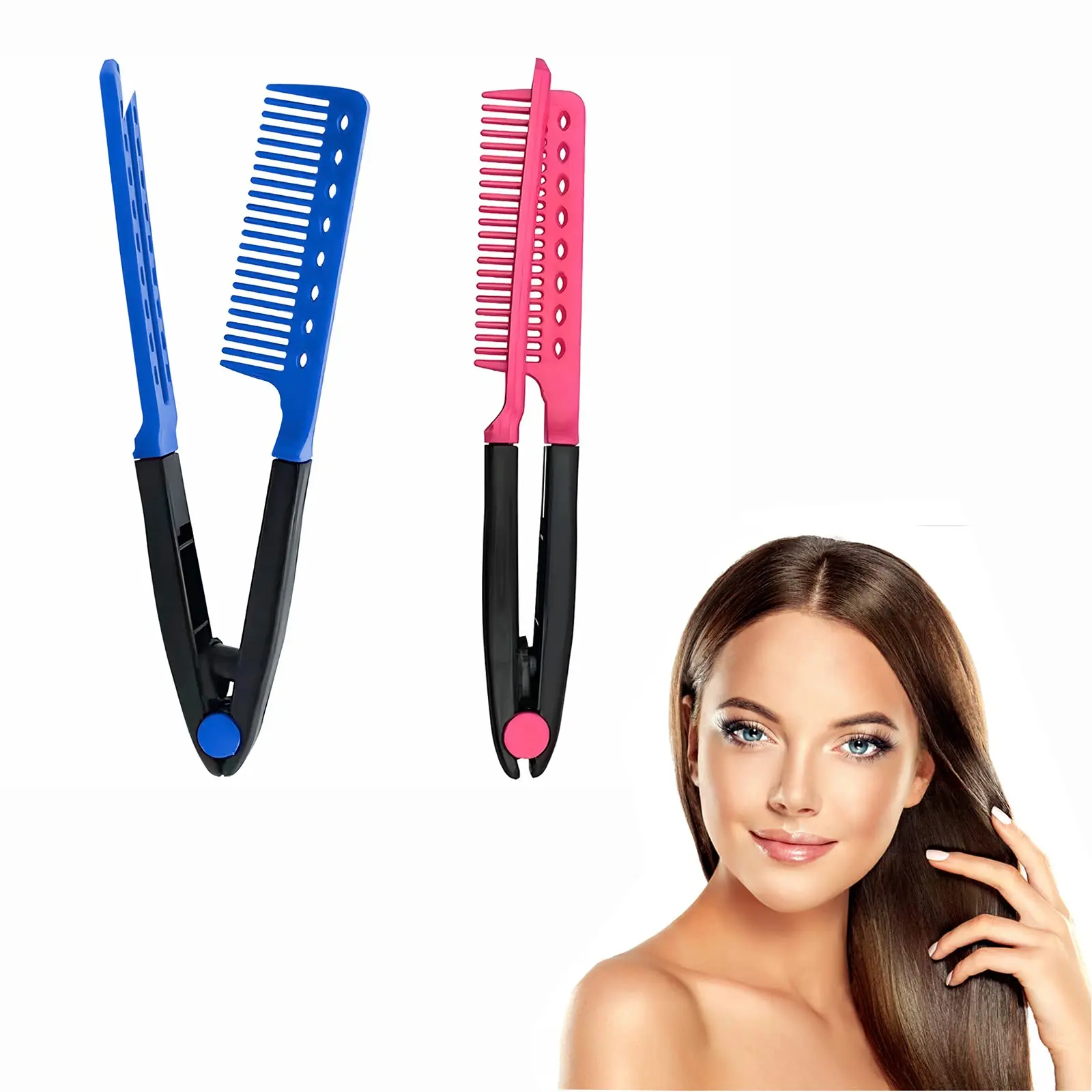 2 Pcs Hair Straightening Comb Set, Hair Styling Tools, Red Blue V-shaped Flat Iron Comb for Hair, 2-in-1 Straightener, Hair Straightening Brush, Heated Brush - Hair Styling Comb for Daily Styling, Suitable for Home and Travel, Protects Hands