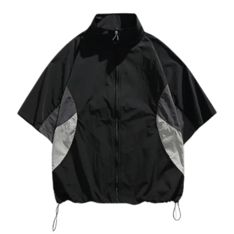 Men's Nylon-Polyamide Stylish Short-Sleeve Lightweight Jacket - Mock Neck, Half-Zip, Loose Fit, Color-Block Panels, Quick-Drying, Breathable, Sun Protection, Sporty Chic Menswear Versatile Top, Nylon Fabric, Colorblock