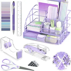 Purple Desk Organizers and Accessories, Purple Office Supplies with Mesh Desk Organizer,  Tape Dispenser and Stapler, Staples, Ballpoint Pen, Clips Set, Ruler, Scissor, Sticky Labels