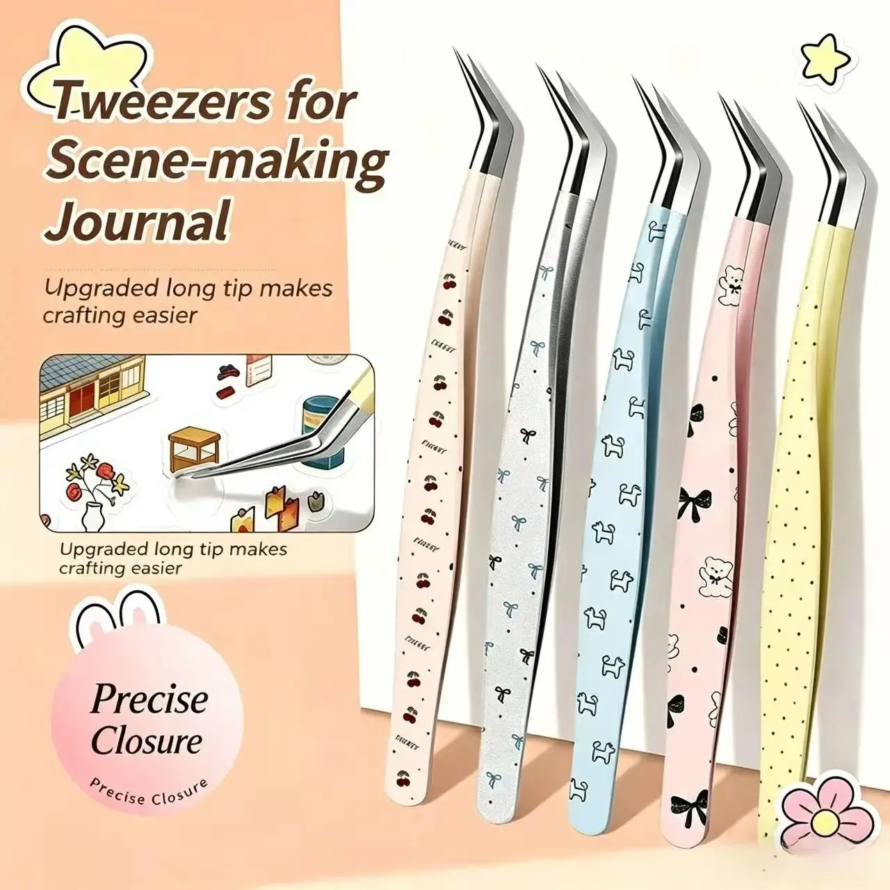 Stainless Steel Precision Tweezers ,New Scene Sticker Long Angled Precision Tweezers for Stickers Diy Crafts,Perfect for Crafts, Stickers, Nail Art, Lashes & More - Optional Carrying Case,